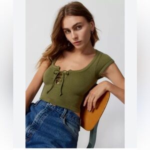 Urban Outfitters Olive Lace-Up Short Sleeve Top